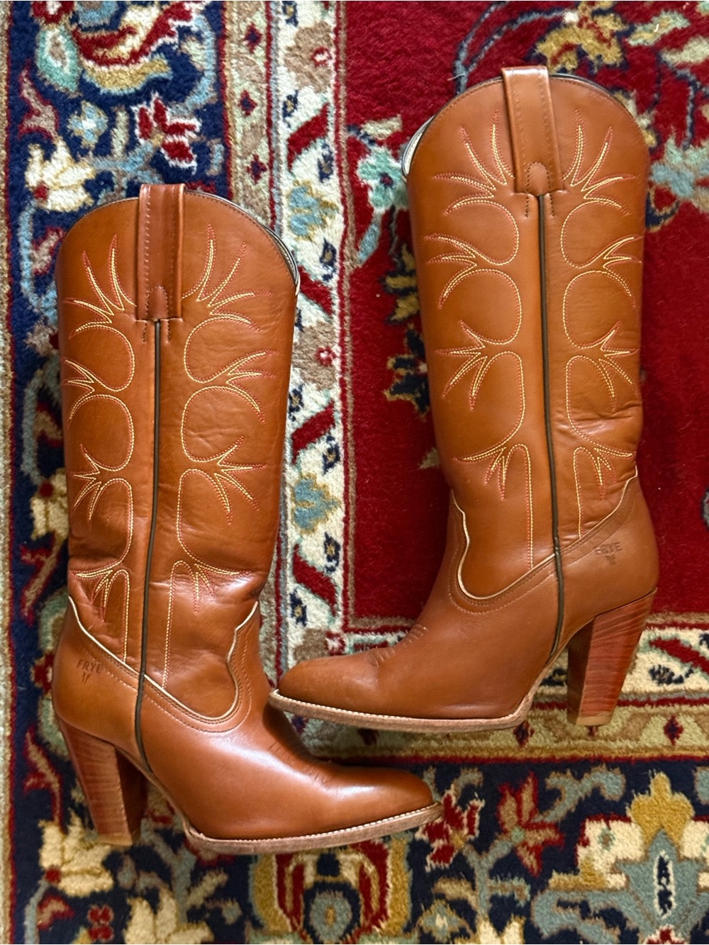 FRYE Women's Western Tall Leather Heeled Boots in Cognac Vintage 1980s